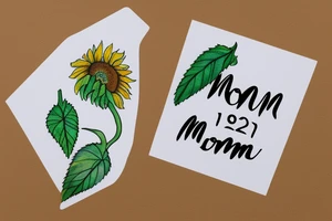 Single sunflower with 2 leaves, “mom” written on the stem, “1961” on the left leaf and “2020” on the right lead tattoo idea