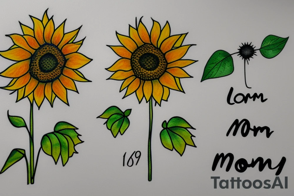 Single sunflower with 2 leaves, “mom” written on the stem, “1961” on the left leaf and “2020” on the right lead tattoo idea