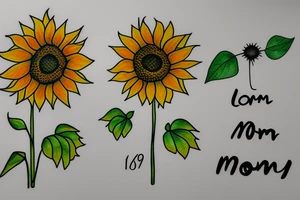 Single sunflower with 2 leaves, “mom” written on the stem, “1961” on the left leaf and “2020” on the right lead tattoo idea