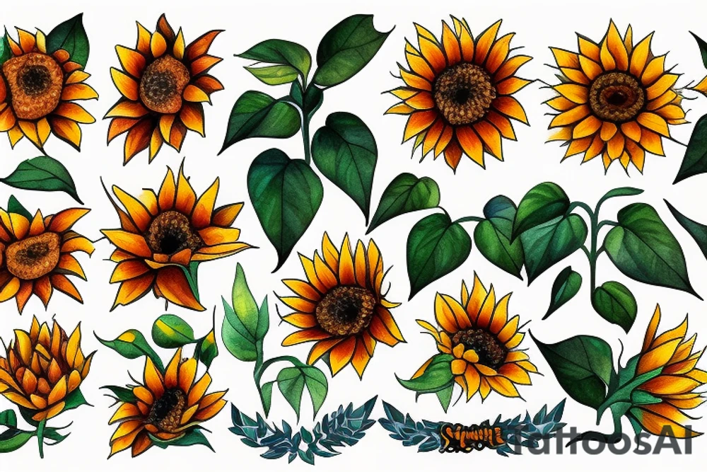 Single sunflower with 2 leaves tattoo idea
