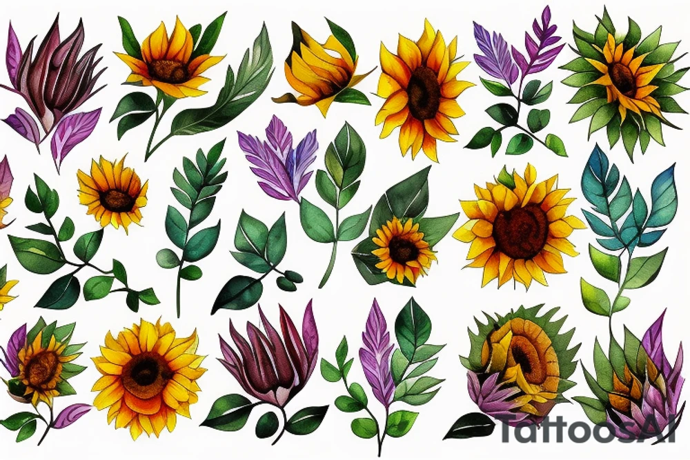 Single sunflower with 2 leaves tattoo idea