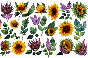 Single sunflower with 2 leaves tattoo idea