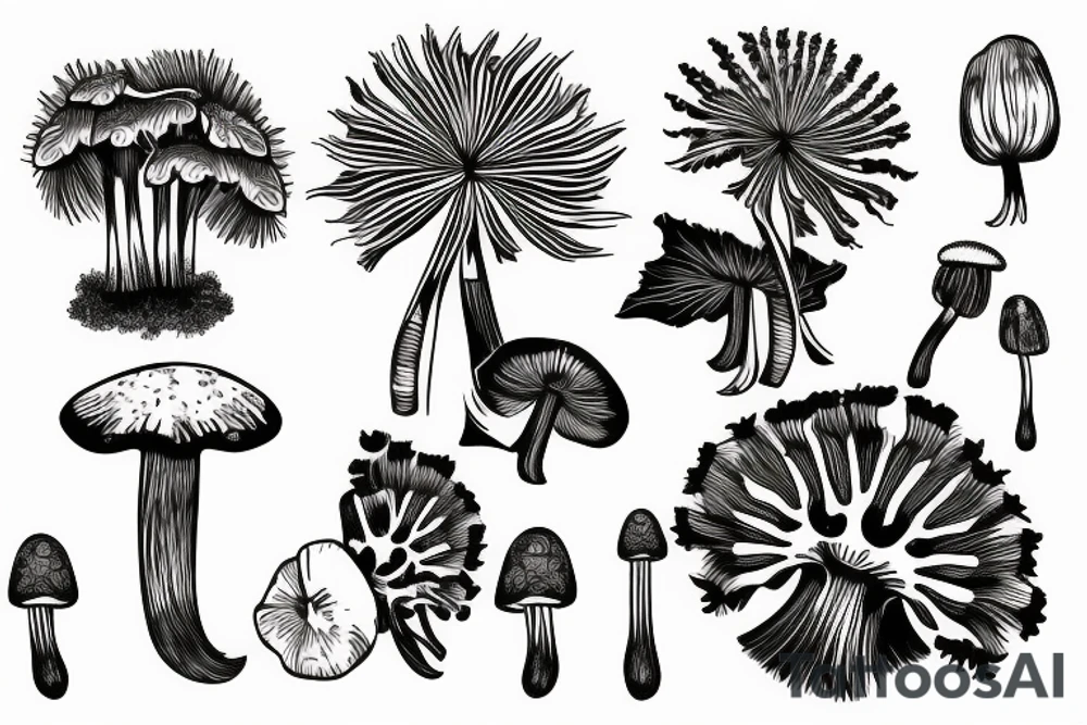 Tropical plant
and dandelions and mushrooms merged tattoo idea