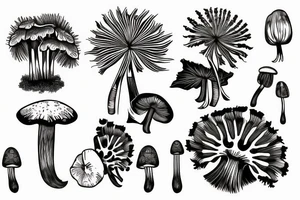 Tropical plant 
and dandelions and mushrooms merged tattoo idea
