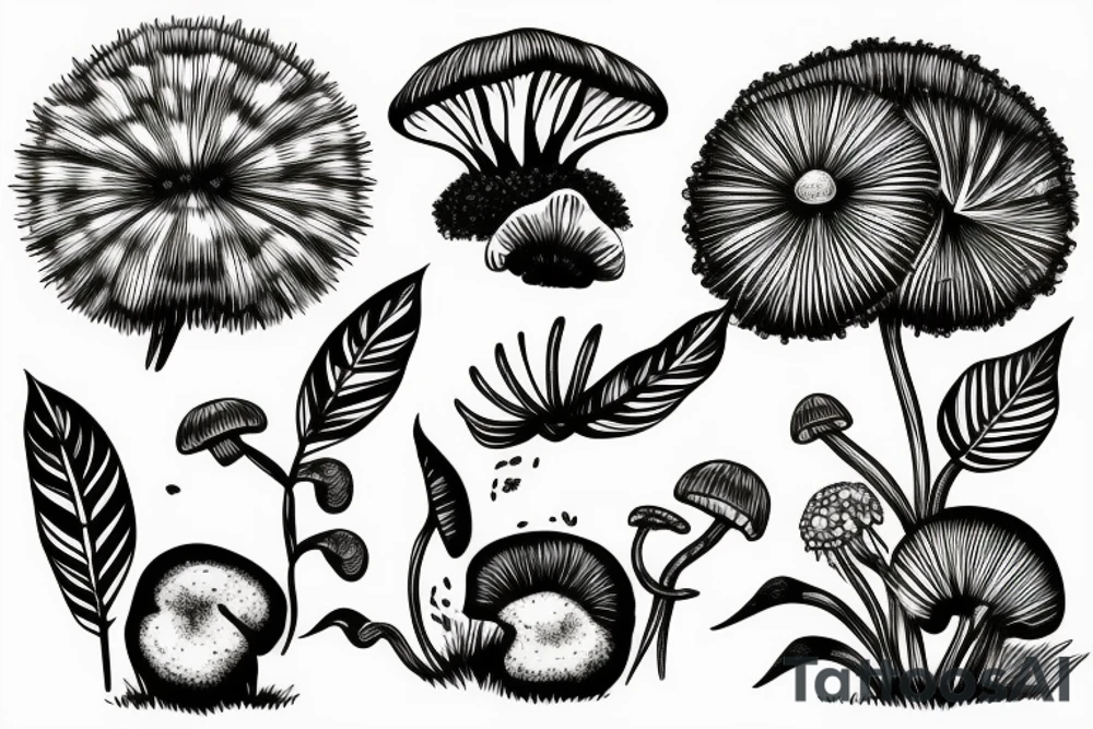 Tropical plant
and dandelions and mushrooms merged tattoo idea
