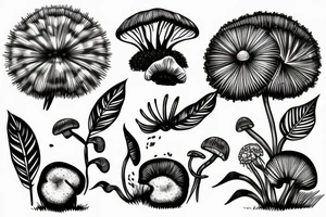 Tropical plant 
and dandelions and mushrooms merged tattoo idea