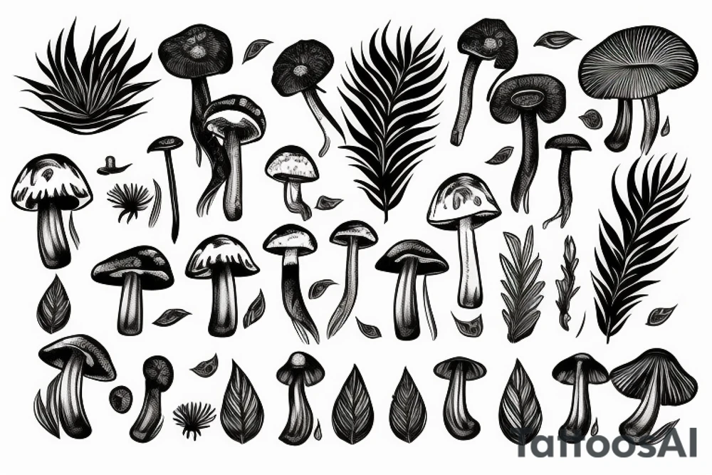 Tropical plant
and dandelions and mushrooms merged tattoo idea