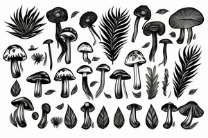 Tropical plant 
and dandelions and mushrooms merged tattoo idea