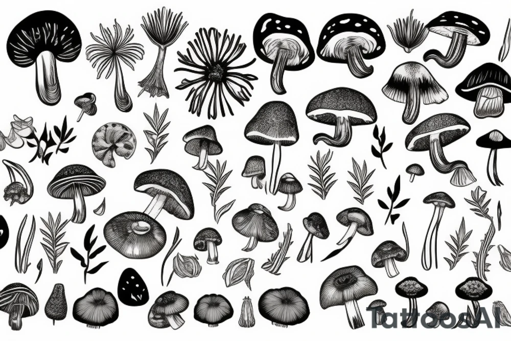 Tropical plant
and dandelions and mushrooms merged tattoo idea