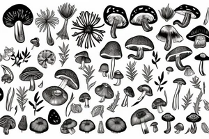 Tropical plant 
and dandelions and mushrooms merged tattoo idea