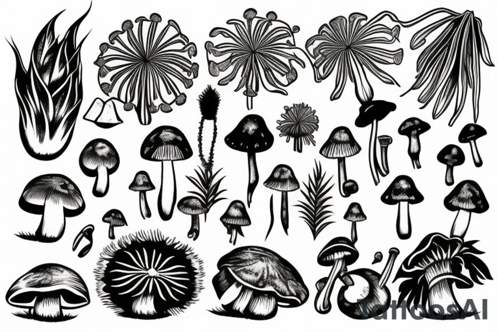Tropical plant
and dandelions and mushrooms merged tattoo idea