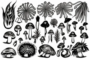 Tropical plant 
and dandelions and mushrooms merged tattoo idea