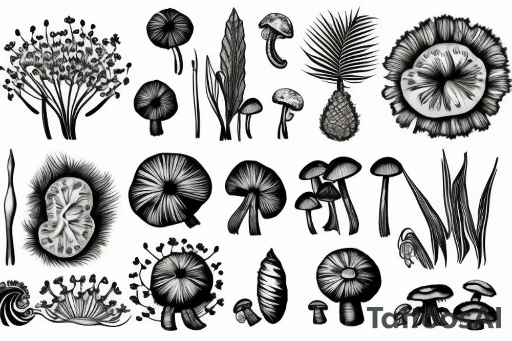 Tropical plant
and dandelions and mushrooms merged tattoo idea