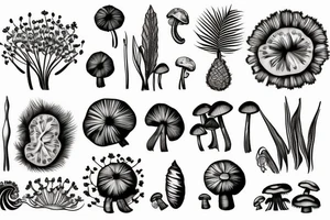 Tropical plant 
and dandelions and mushrooms merged tattoo idea