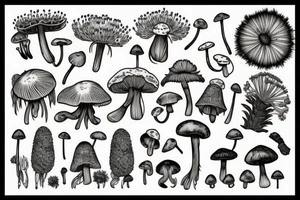 Tropical plant 
and dandelions and mushrooms merged tattoo idea