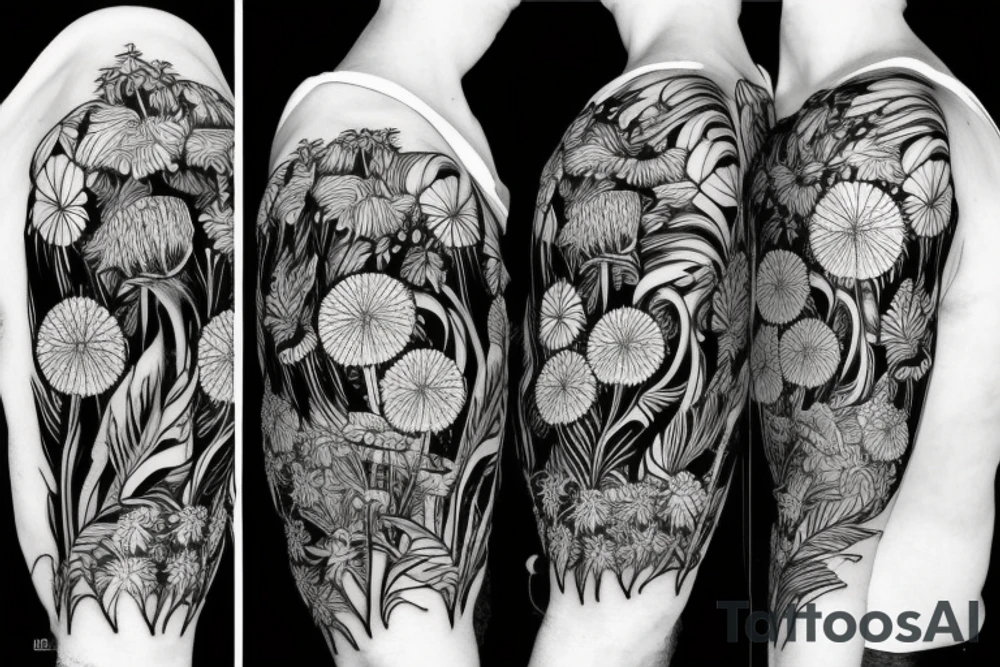 Tropical plant
and dandelions and mushrooms merged tattoo idea