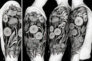 Tropical plant 
and dandelions and mushrooms merged tattoo idea