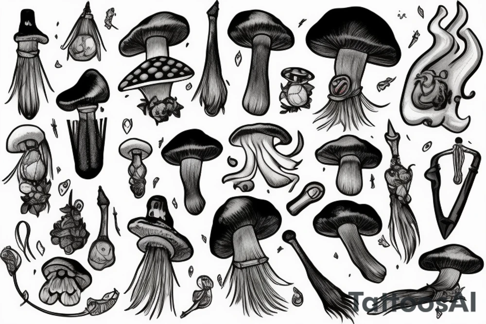 Which broomstick, inside leghang and mushrooms merged tattoo idea