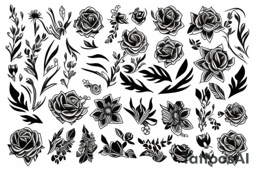 Floral bands, fineline and broken up with negative space and bands tattoo idea