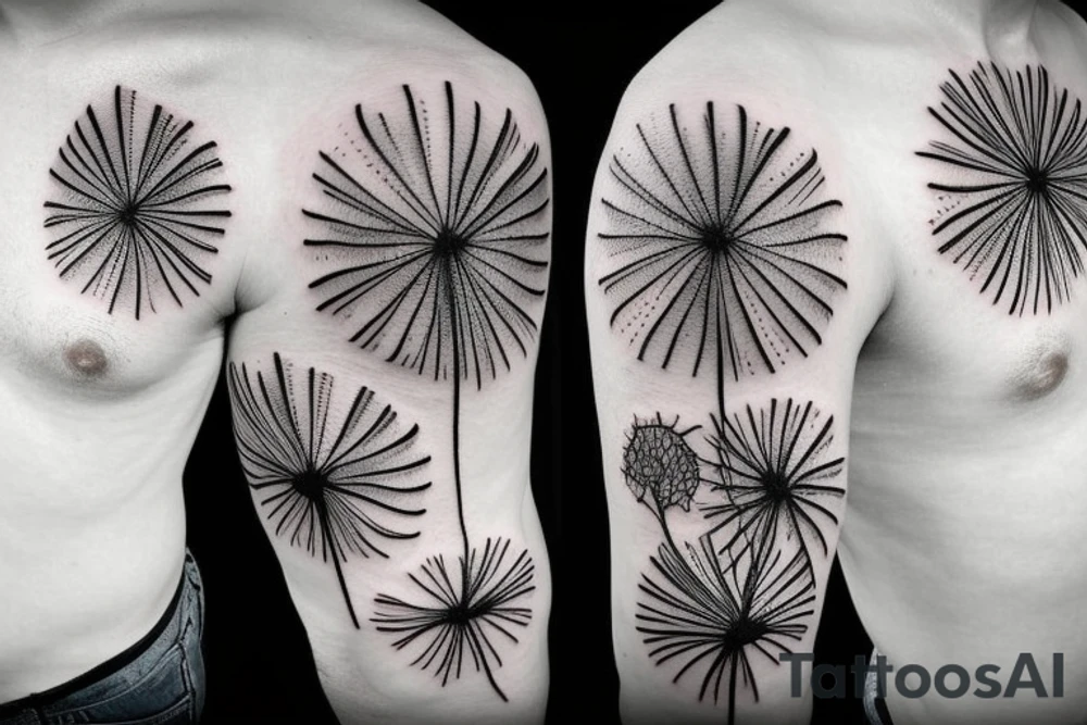 Fine line dandelions and fireworks tattoo idea