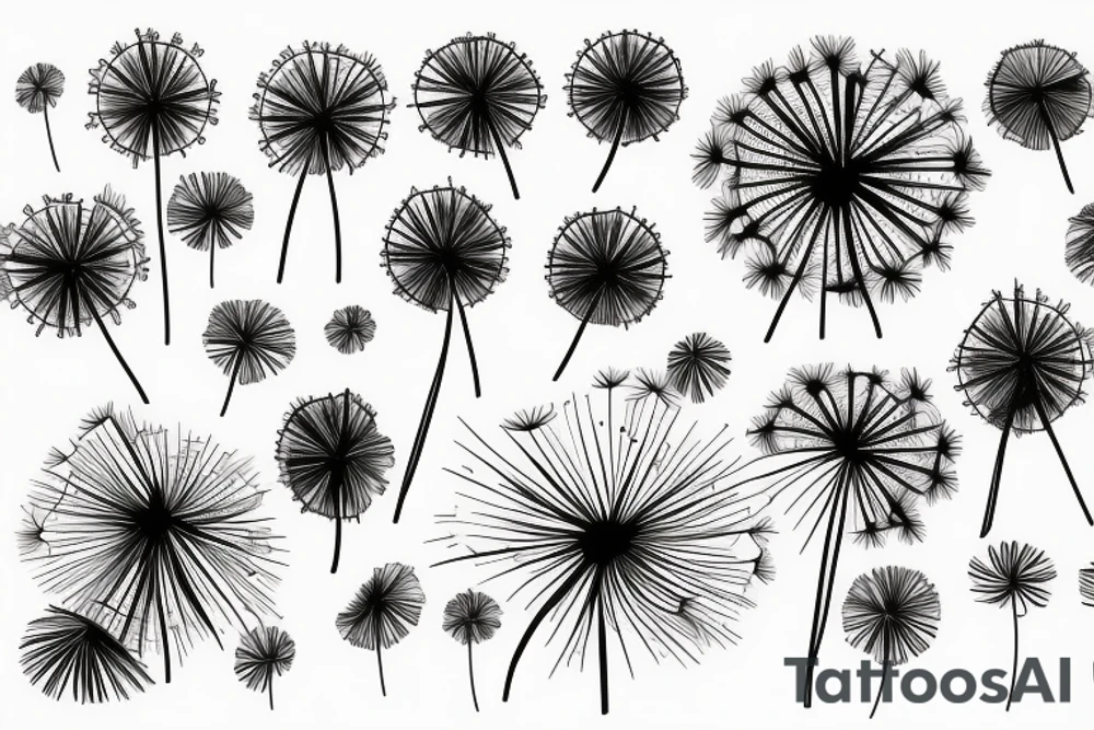 Fine line dandelions and fireworks minimalistic tattoo idea