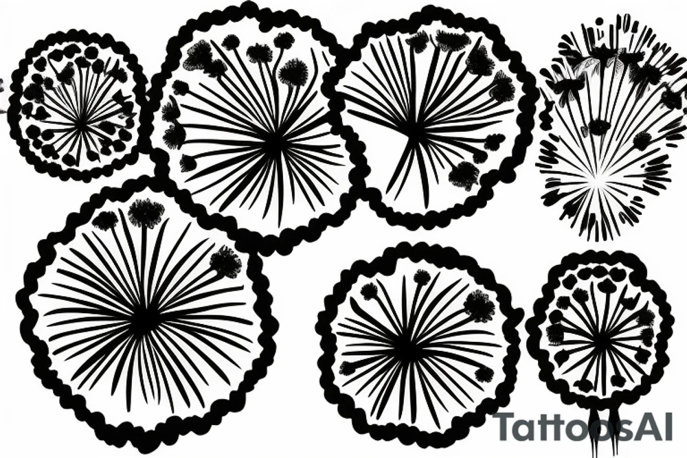 Fine line dandelions and fireworks minimalistic tattoo idea