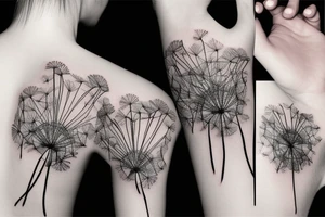 Fine line dandelions and fireworks minimalistic tattoo idea