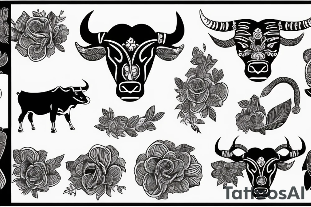 Fine line Taurus feminine bull and florals minimalistic style tattoo idea