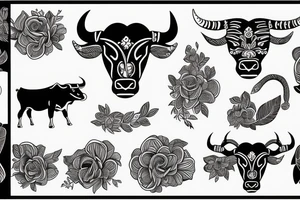 Fine line Taurus feminine bull and florals minimalistic style tattoo idea