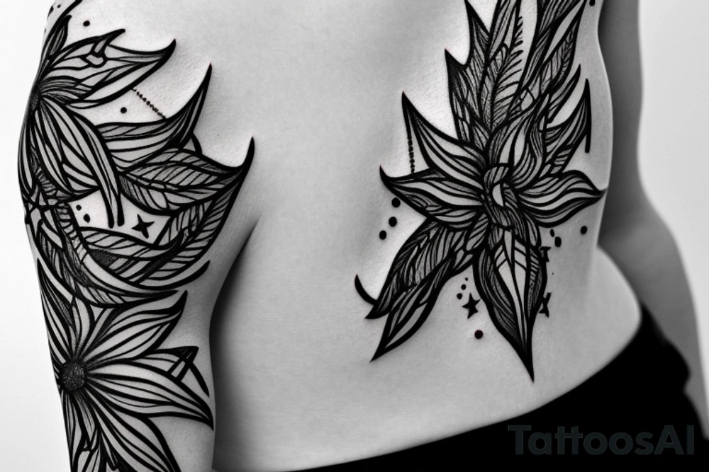 Fine line Taurus star sign and florals minimalistic style tattoo idea