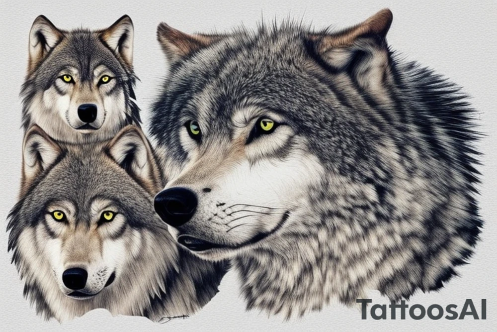 High atop a rocky outcropping, a large gray wolf stood with piercing golden eyes fixed on the pack below, as if safeguarding those under its watchful gaze. tattoo idea