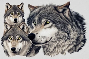 High atop a rocky outcropping, a large gray wolf stood with piercing golden eyes fixed on the pack below, as if safeguarding those under its watchful gaze. tattoo idea