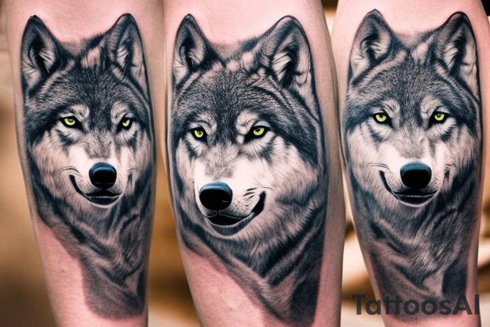 High atop a rocky outcropping, a large gray wolf stood with piercing golden eyes fixed on the pack below, as if safeguarding those under its watchful gaze. tattoo idea