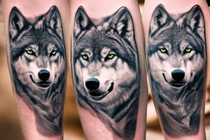 High atop a rocky outcropping, a large gray wolf stood with piercing golden eyes fixed on the pack below, as if safeguarding those under its watchful gaze. tattoo idea