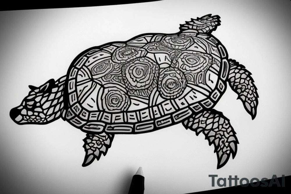 tattoo of a wolf over a sea turtle. The wolf represents independence and strength, while the turtle represents calmness and a strong foundation. The sea turtle could be portrayed with waves and other ocean elements to give the tattoo a water theme. tattoo idea