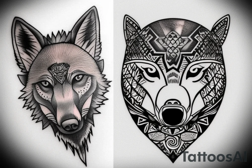 tattoo of a wolf over a sea turtle. The wolf represents independence and strength, while the turtle represents calmness and a strong foundation. The sea turtle could be portrayed with waves and other ocean elements to give the tattoo a water theme. tattoo idea