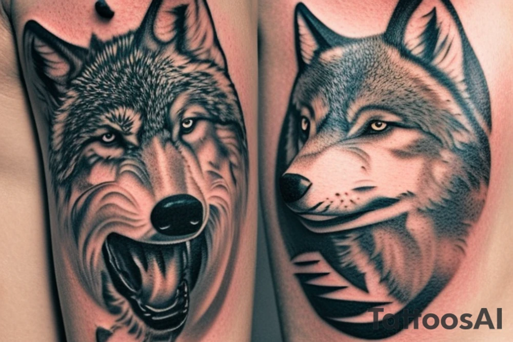 tattoo of a wolf over a sea turtle. The wolf represents independence and strength, while the turtle represents calmness and a strong foundation. The sea turtle could be portrayed with waves and other ocean elements to give the tattoo a water theme. tattoo idea