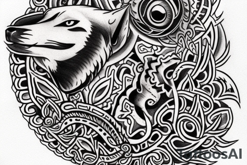 A tattoo design with a wolf head howling at a full moon above it, and a turtle with a shell below it, all nestled within a circular design. The wolf and turtle could be colored with muted blue, turquoise and purple tones to represent balance between the air and water elements. tattoo idea