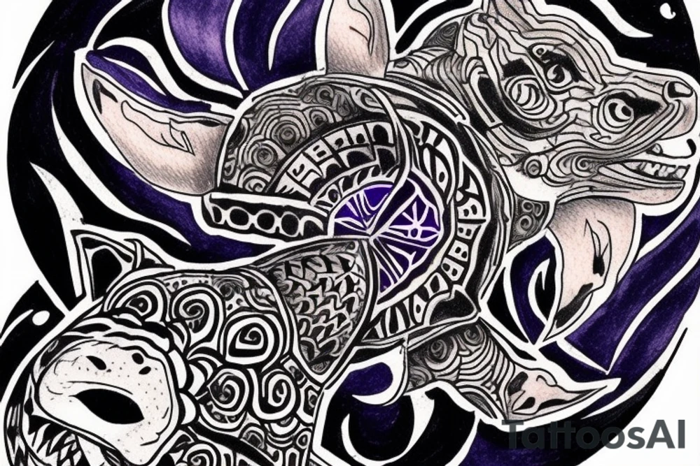 A tattoo design with a wolf head howling at a full moon above it, and a turtle with a shell below it, all nestled within a circular design. The wolf and turtle could be colored with muted blue, turquoise and purple tones to represent balance between the air and water elements. tattoo idea