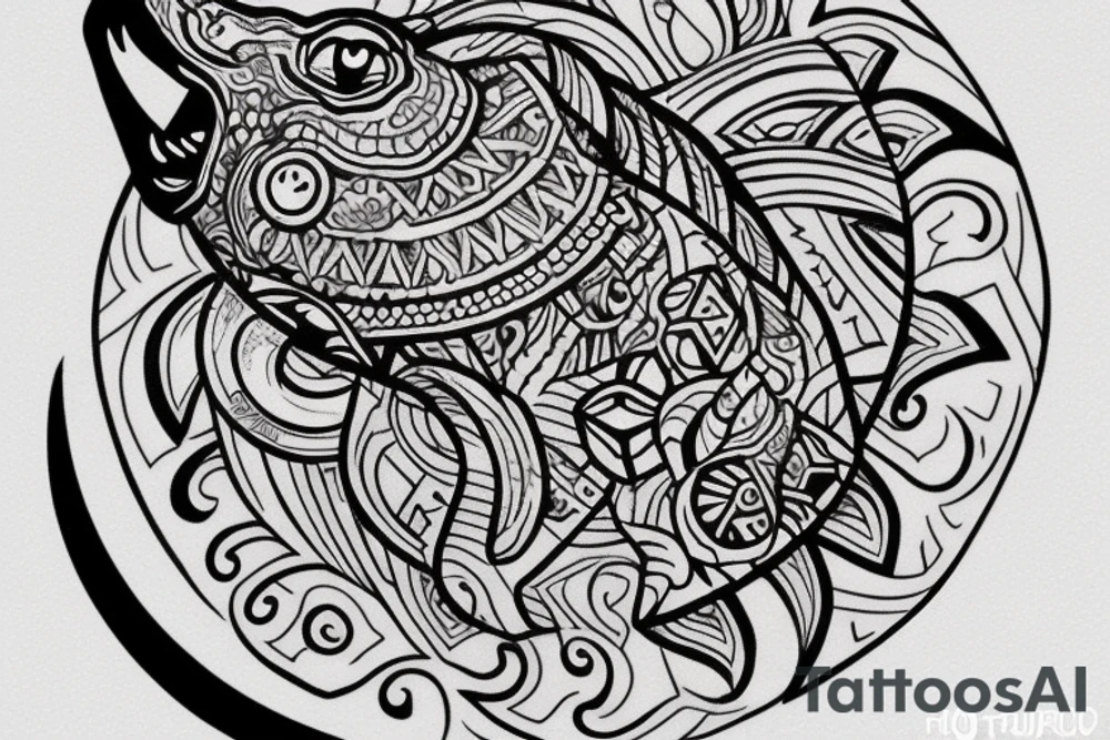 A tattoo design with a wolf head howling at a full moon above it, and a turtle with a shell below it, all nestled within a circular design. The wolf and turtle could be colored with muted blue, turquoise and purple tones to represent balance between the air and water elements. tattoo idea