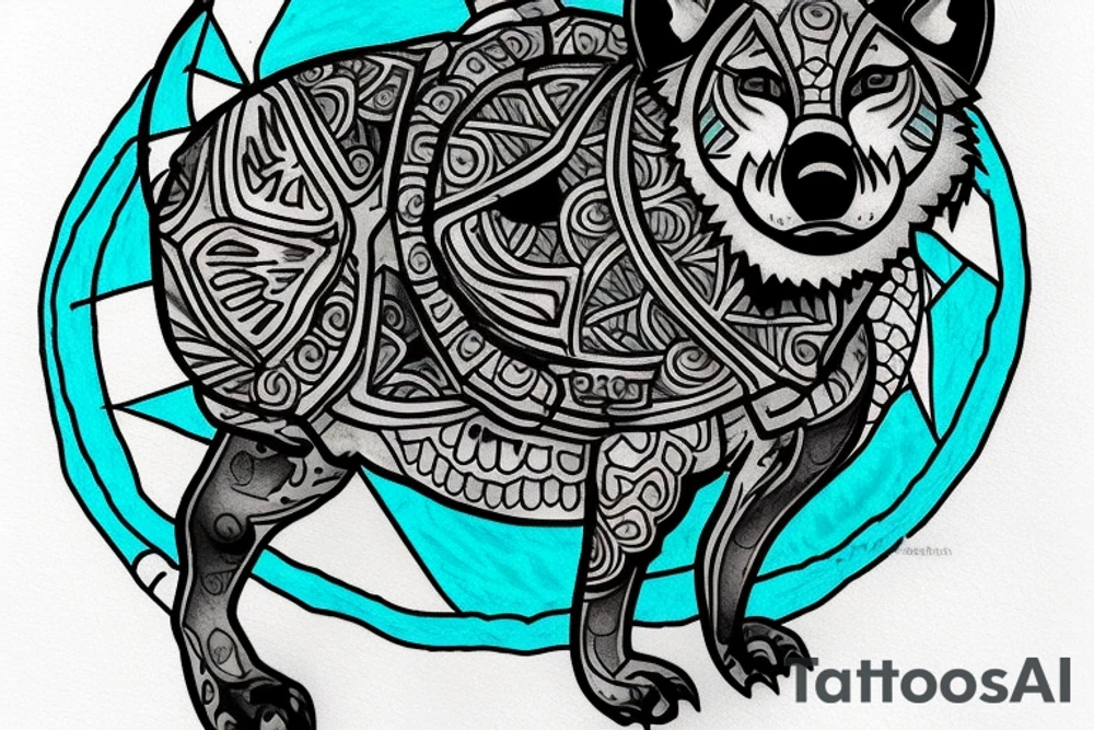 A tattoo design with a wolf head howling at a full moon above it, and a turtle with a shell below it, all nestled within a circular design. The wolf and turtle could be colored with muted blue, turquoise and purple tones to represent balance between the air and water elements. tattoo idea