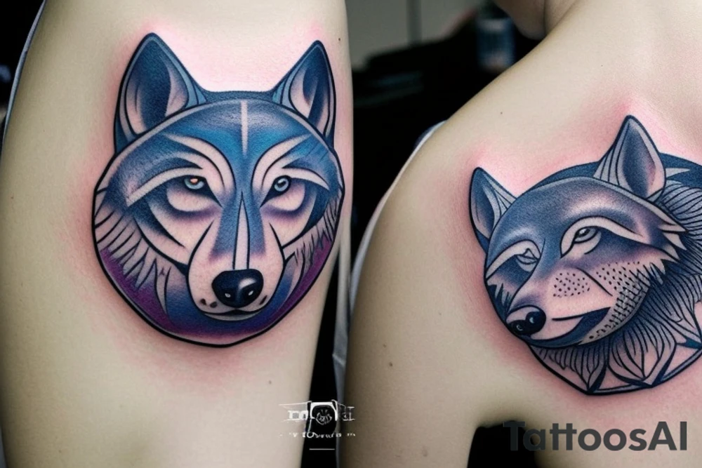 A tattoo design with a wolf head howling at a full moon above it, and a turtle with a shell below it, all nestled within a circular design. The wolf and turtle could be colored with muted blue, turquoise and purple tones to represent balance between the air and water elements. tattoo idea