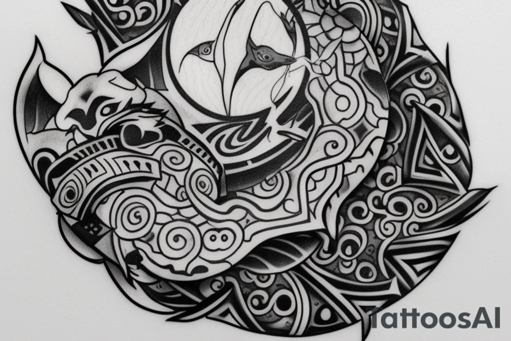 A tattoo design with a wolf head howling at a full moon above it, and a turtle with a shell below it, all nestled within a circular design. The wolf and turtle could be colored with muted blue, turquoise and purple tones to represent balance between the air and water elements. tattoo idea