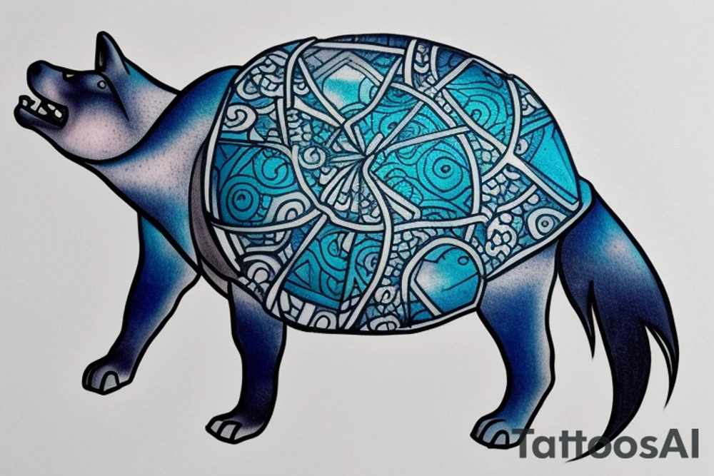 A tattoo design with a wolf head howling at a full moon above it, and a turtle with a shell below it, all nestled within a circular design. The wolf and turtle could be colored with muted blue, turquoise and purple tones to represent balance between the air and water elements. tattoo idea