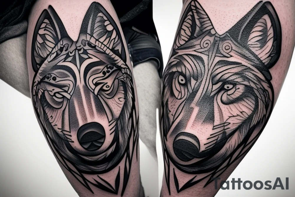 A tattoo design with a wolf head howling at a full moon above it, and a turtle with a shell below it, all nestled within a circular design. The wolf and turtle could be colored with muted blue, turquoise and purple tones to represent balance between the air and water elements. tattoo idea