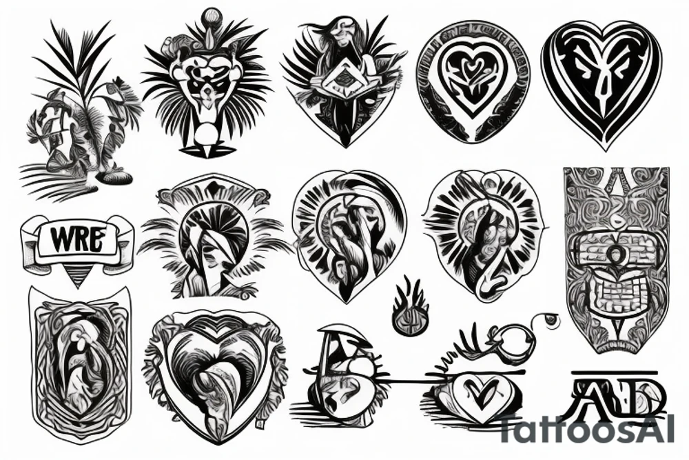 Island, third eye, palm tree, atlas, ace of hearts, angel wings, Switzerland shield tattoo idea