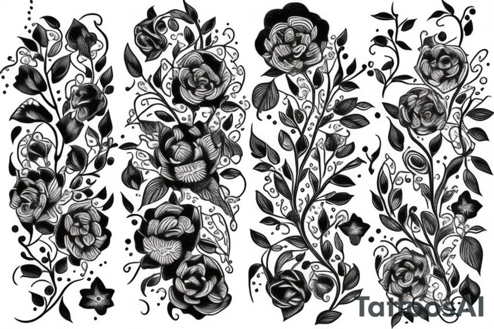 long Florals with different types of fine vines tattoo idea