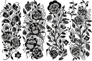 long Florals with different types of fine vines tattoo idea