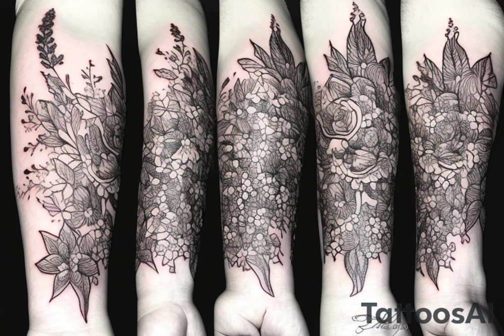 long Florals with different types of fine vines tattoo idea