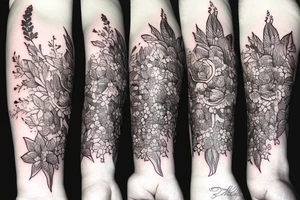 long Florals with different types of fine vines tattoo idea